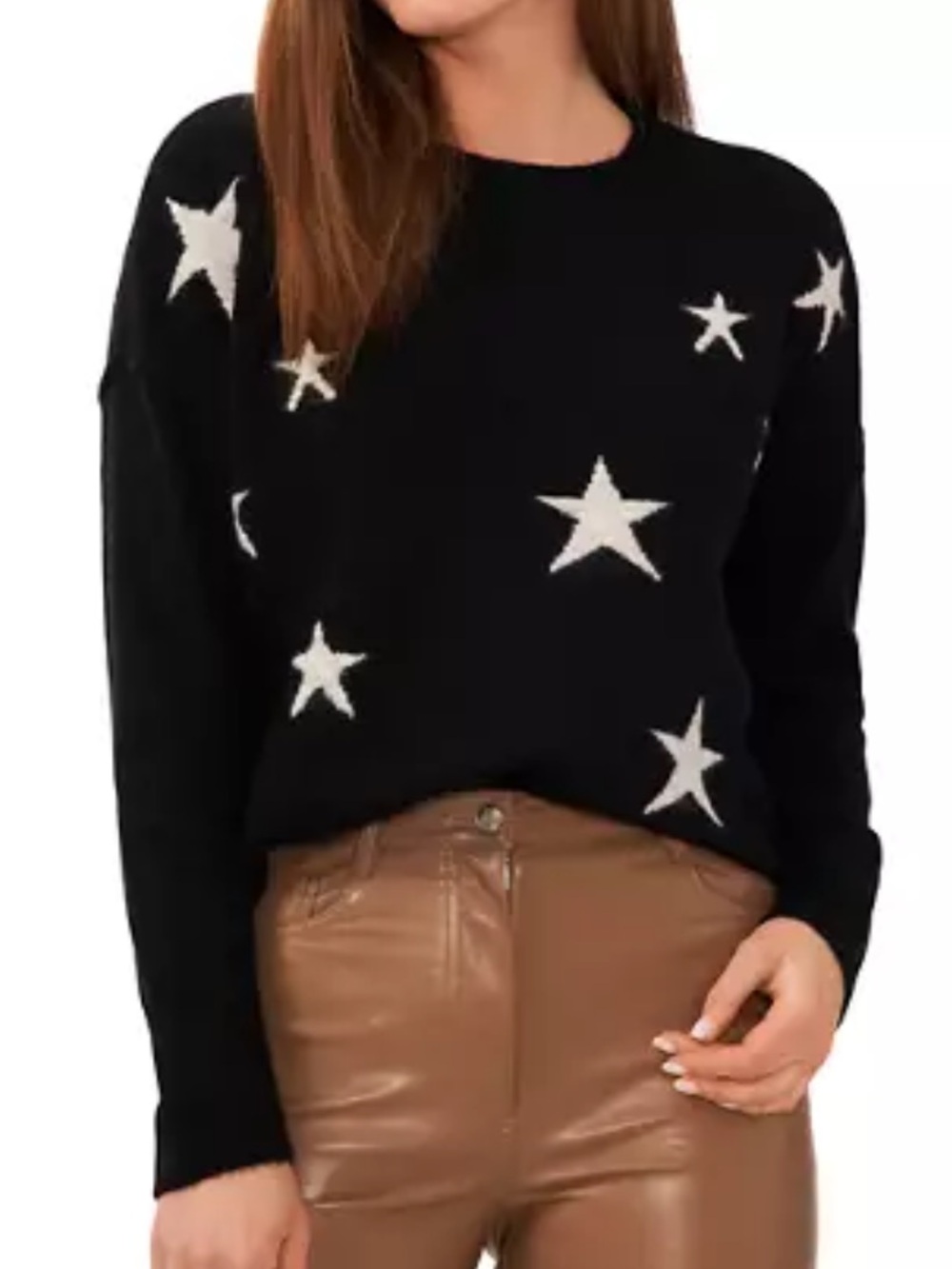 bobeau Black Crewneck Sweater with White Star Motif